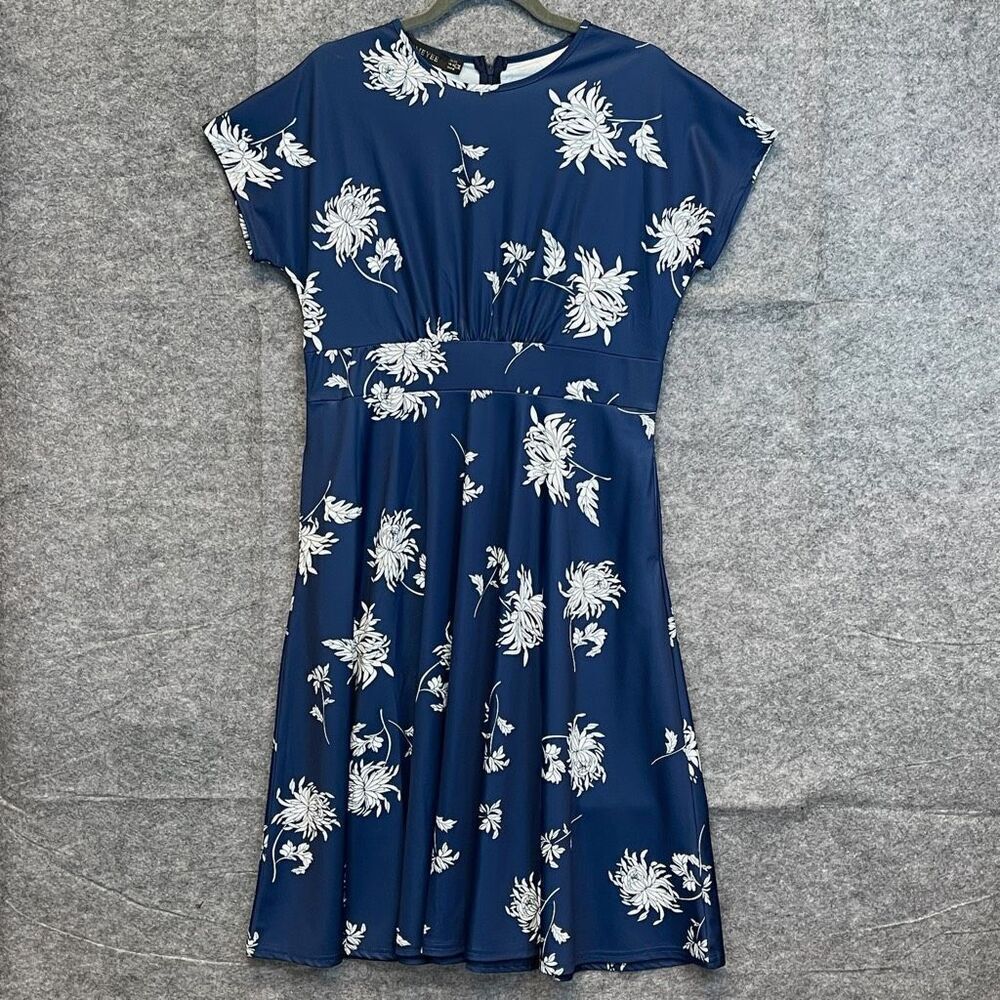 HOMEYEE Dress‎ Size 12 Blue White Floral Round Neck Midi A-Line Pleated Swing